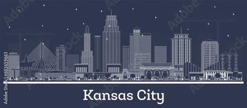 Outline Kansas City Missouri city skyline with white buildings. Business travel and tourism concept with historic architecture. Kansas City USA cityscape with landmarks. photo