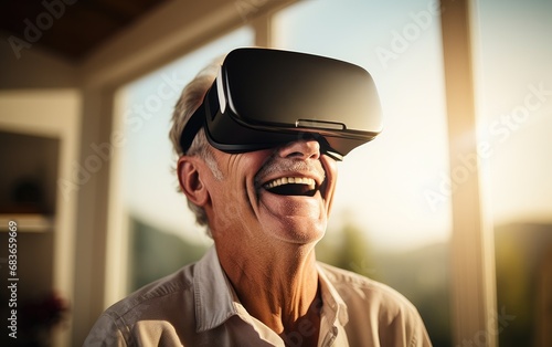 Smiling face of an elderly man wearing virtual reality headset have fun with technology © piai