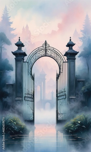 Amidst a mystical fog, a massive gate emerges in a watercolor painting by ai generated