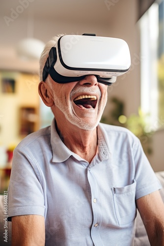 Smiling face of an elderly man wearing virtual reality headset have fun with technology © piai