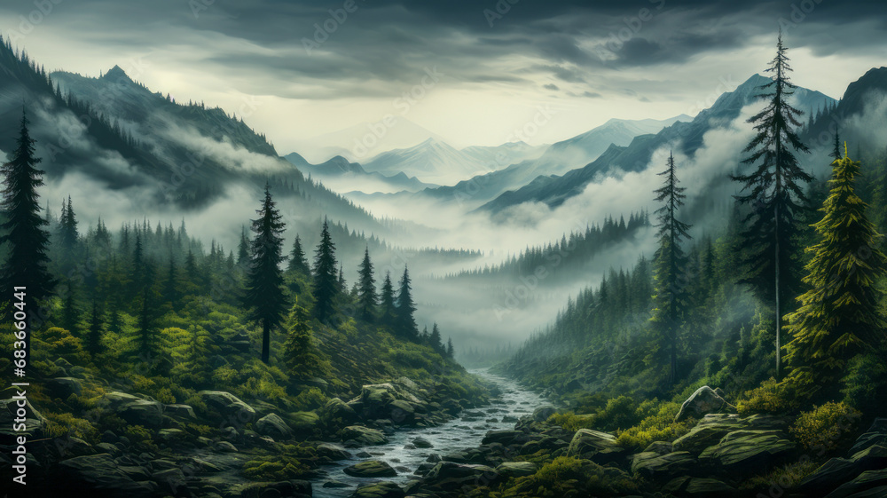 Landscape of Misty Forest and Mountain Range in Nature