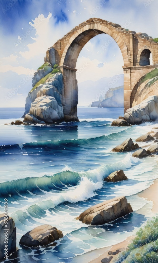 Watercolor Painting of a Tranquil Seascape Featuring a Stone Arch