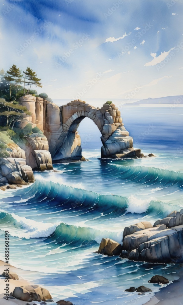 Watercolor Painting of a Tranquil Seascape Featuring a Stone Arch