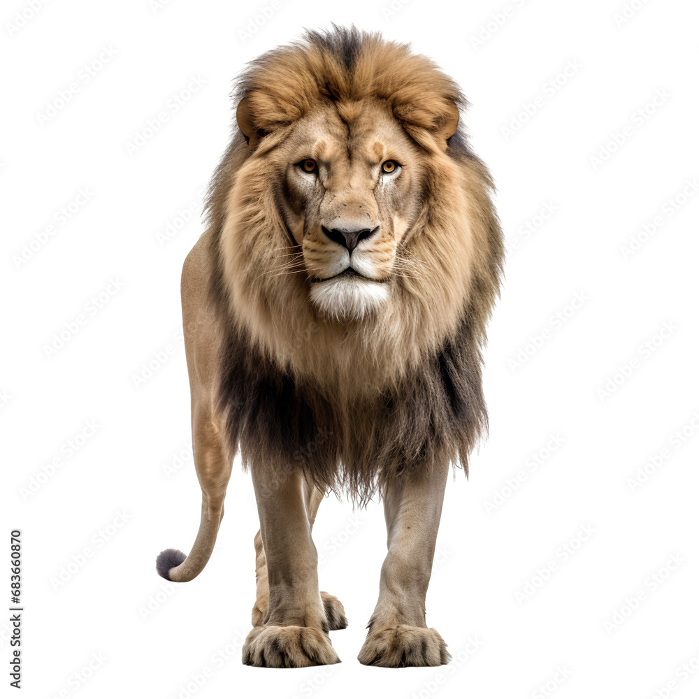 Portrait of a lion full body isolated on transparent background cutout, PNG file.
