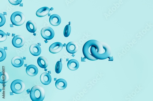 3d render, 3d rendering, man masculine symbols together on blue background, a lot of male signs	