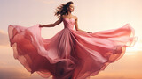Young woman in bright pink wavy dress, Fashionable young woman dancing in long designer pink dress, copy space, Valentine day, 8 March, International Women Day