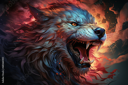 a werewolf, a growling wolf. open mouth and fangs. evil carnivore, a predator. colorful illustration. © MaskaRad