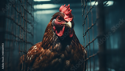 Recreation of a hen in a industrial roost. Artificial intelligence photo