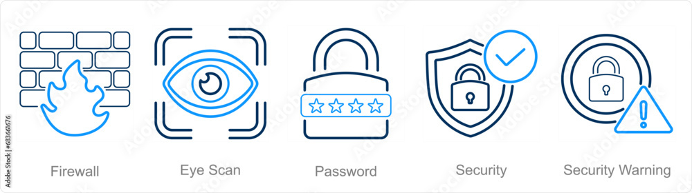 A set of 5 Cyber Security icons as firewall, eye scan, password A set of 5 Cyber Security icons as firewall, eye scan, password