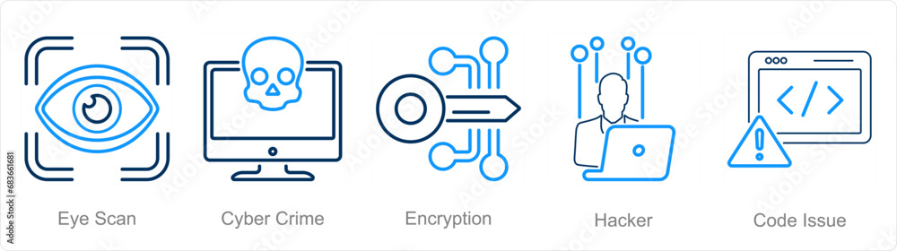 A set of 5 Cyber Security icons as eye scan, cyber crime, encryption A set of 5 Cyber Security icons as eye scan, cyber crime, encryption