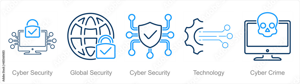 A set of 5 Cyber Security icons as cyber security, global security, technology