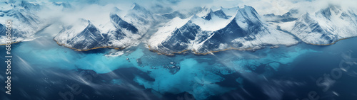 Angle photography of Norwegian fjords, surrounded by snow - capped mountains, banner