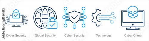 A set of 5 Cyber Security icons as cyber security, global security, technology