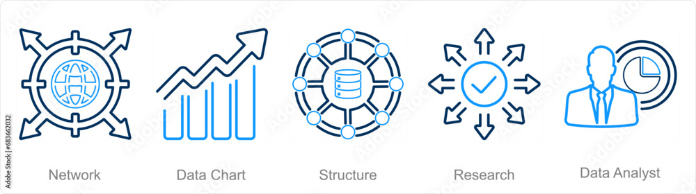 A set of 5 data analytics icons as network, data chart, structure A set of 5 data analytics icons as network, data chart, structure