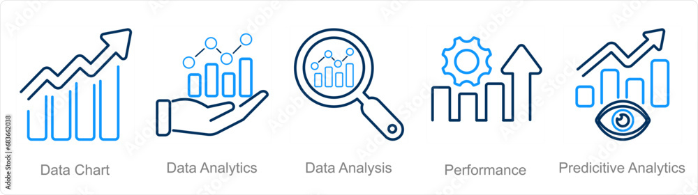 A set of 5 data analytics icons as data chart, data analytics, data analysis A set of 5 data analytics icons as data chart, data analytics, data analysis