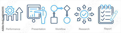A set of 5 data analytics icons as performance, presentation, workflow
