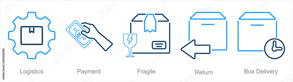 A set of 5 delivery icons as logistics, payment, fragile A set of 5 delivery icons as logistics, payment, fragile