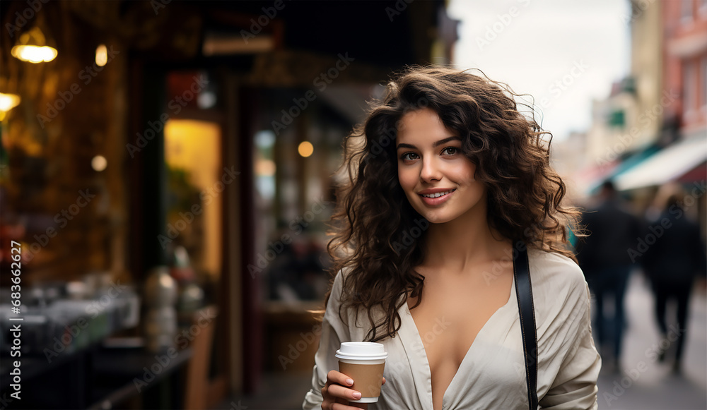 beautiful woman happily smiling as she enjoys a coffee or tea to go in an eco-friendly paper cup beautiful woman happily smiling as she enjoys a coffee or tea to go in an eco-friendly paper cup