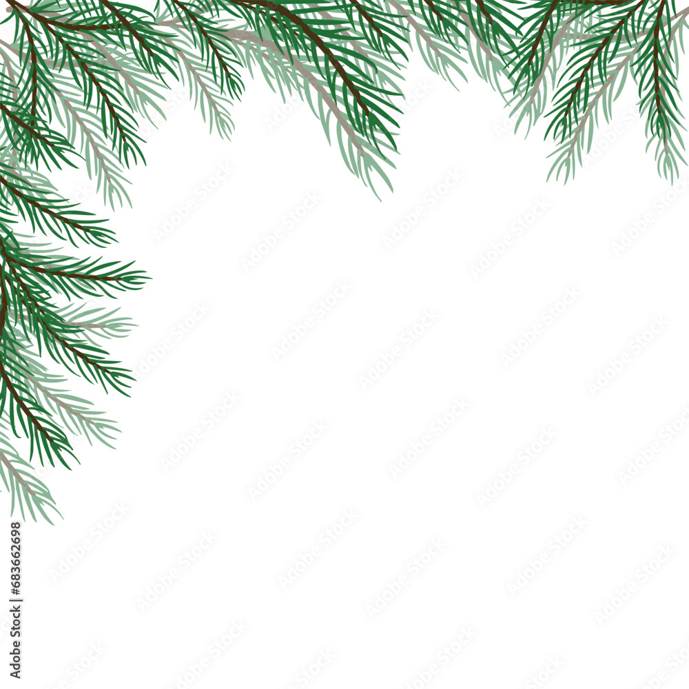 Corner border of pine and fir branches for design of postcard or banner, sign. Modern design for holiday invitation card, poster, banner, greeting card, postcard, packaging, print.