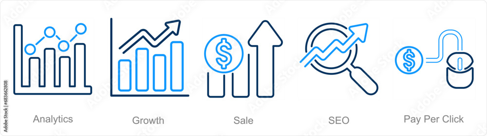 A set of 5 digital marketing icons as analytics, growth, sale A set of 5 digital marketing icons as analytics, growth, sale