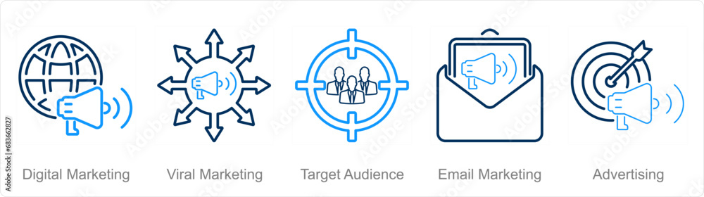 A set of 5 digital marketing icons as digital marketing, viral marketing, target audience A set of 5 digital marketing icons as digital marketing, viral marketing, target audience