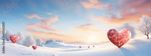 sunset in the mountains The two red hearts shapes on abstract light bokeh background in love concept for valentines day and romantic moment
