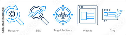A set of 5 digital marketing icons as research, seo, target audience