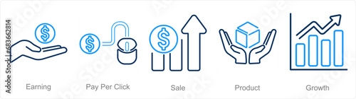 A set of 5 digital marketing icons as earning, pay per click, sale