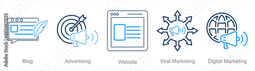 A set of 5 digital marketing icons as blog, advertising, website