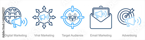 A set of 5 digital marketing icons as digital marketing, viral marketing, target audience