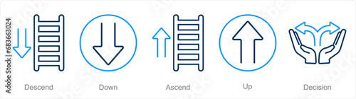 A set of 5 Direction icons as descend, down, ascend