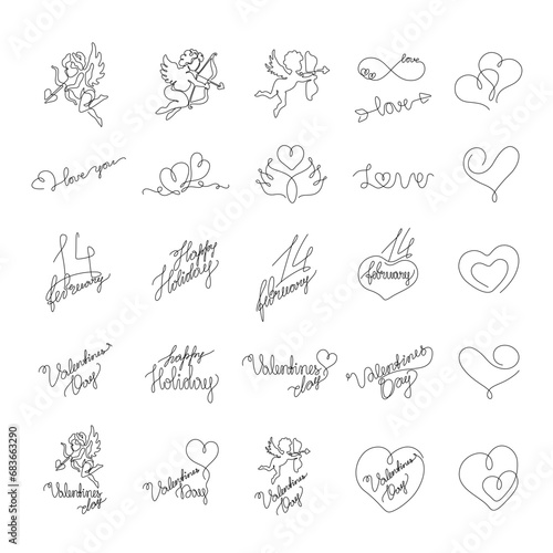 Love set, inspirational mini tattoo, heart an continuous line drawing, valentines inscription, mother day, hand lettering, print for clothes and logo design, isolated vector illustration.