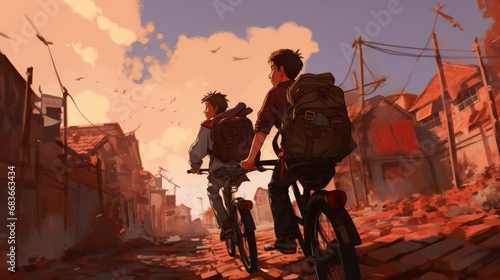 active school commute: two boys with backpacks on bicycles heading to school, lifestyle scene