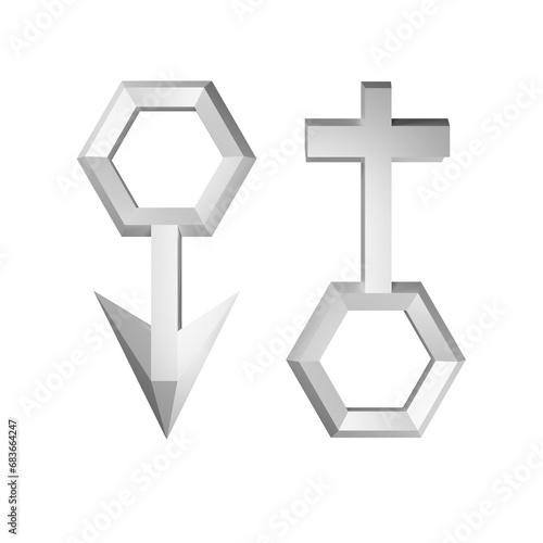 silver gender symbol isolated on white background , icon man and woman , 3d render