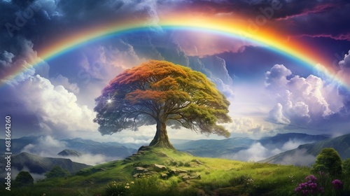 A vibrant rainbow arcing over a tree-filled landscape after a passing storm. © Imran_Art
