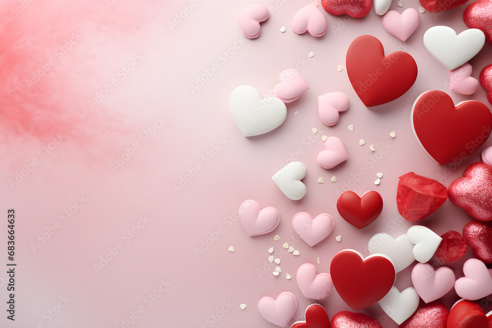 pink valentines day composition, flat lay hearts top view background with copy space
