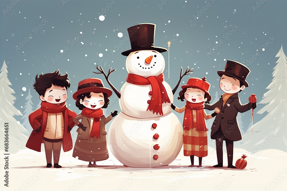 Christmas card : people joyful with snowman in the festive ambiance of Christmas