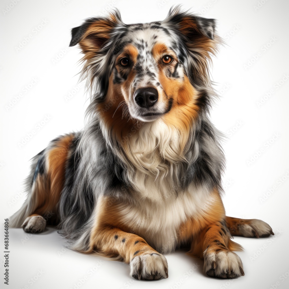 Sitting Panting Blue Merle Australian Shepherd, Isolated On White Background, For Design And Printing