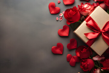 valentines day composition, flat lay hearts roses and present top view background with copy space