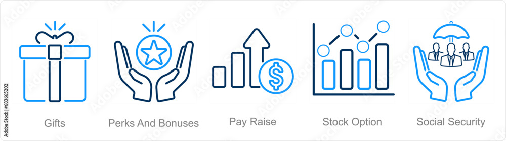 A set of 5 Employee Benefits icons as gifts, perks and bounses, pay raise A set of 5 Employee Benefits icons as gifts, perks and bounses, pay raise
