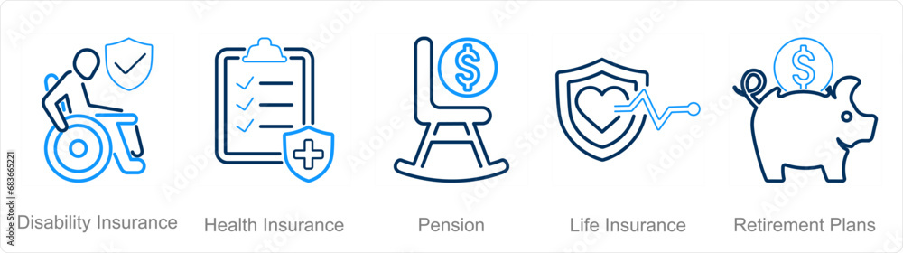 A set of 5 Employee Benefits icons as disability insurance, health insurance, pension A set of 5 Employee Benefits icons as disability insurance, health insurance, pension