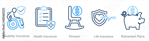 A set of 5 Employee Benefits icons as disability insurance, health insurance, pension
