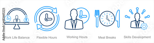 A set of 5 Employee Benefits icons as work life balance, flexible hours, working hours photo