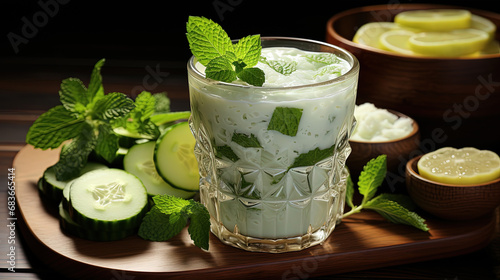Ayran Drink with Mint and Cucumber in Glass on Wooden Table Shimmering Lights in Background