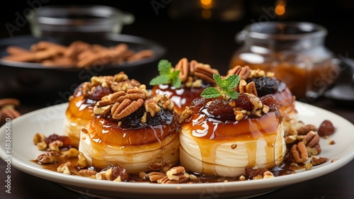 apple baked with honey, almonds, and raisins. backdrop made of wood. wholesome way of life.Concept of diet and weight loss. Dinner low in calories. B vitamin. Healthy food. photo