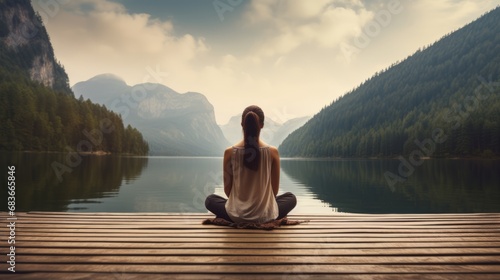 serene young woman meditating on a wooden pier by the lake, enhancing focus and well-being © Ashi