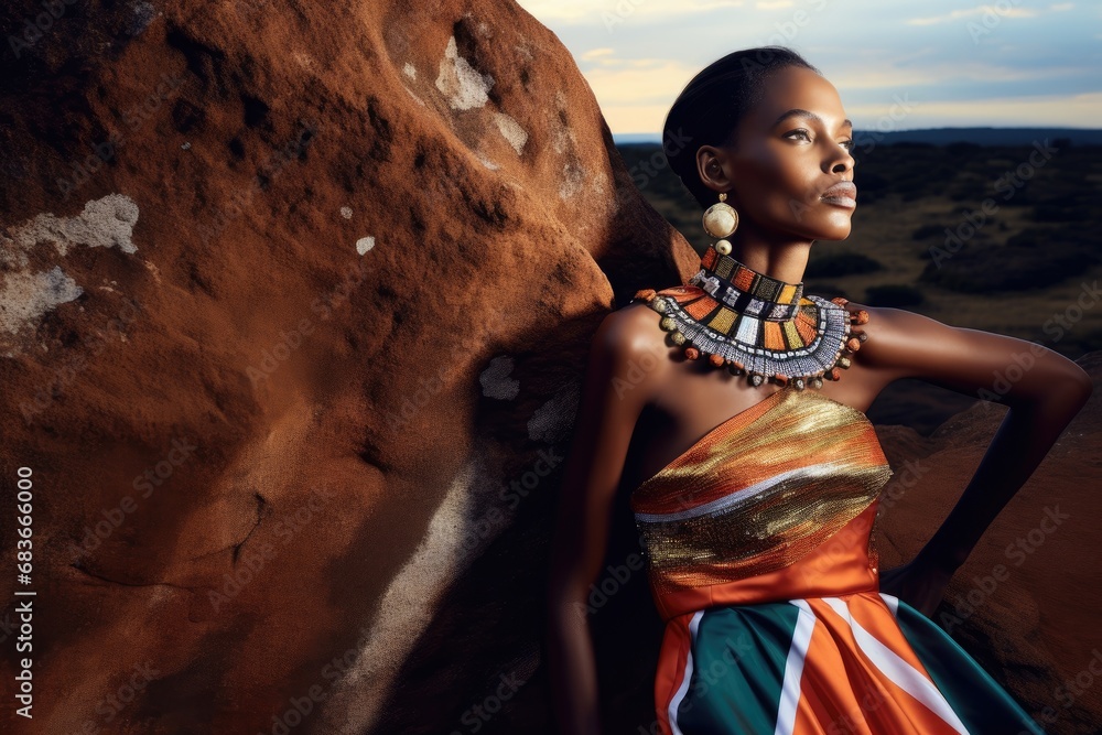 female model from kenia in a traditional african dress posing in an outdoor fashion shooting
