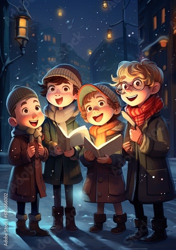 children singing christmas song, pixar style, 3D render