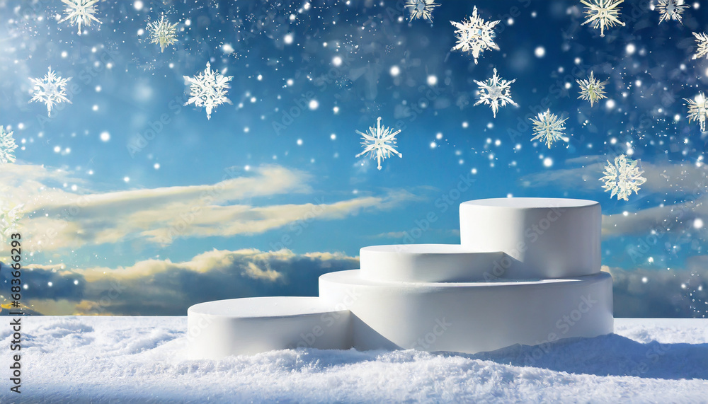 Winter Elegance: White Podiums on a Serene Blue Sky Background