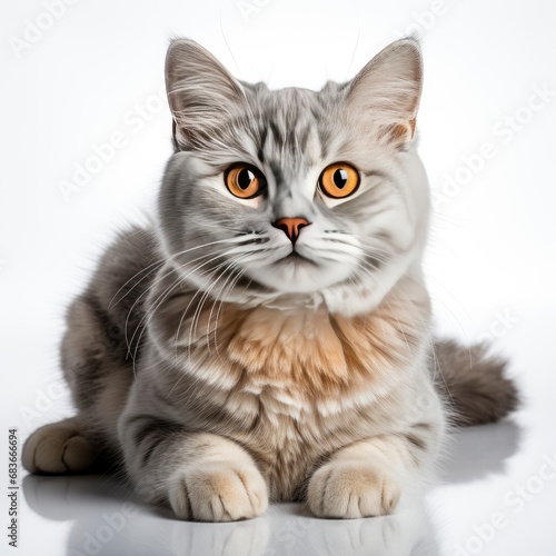 Satisfied British Cat Lies On White, Isolated On White Background, For Design And Printing
